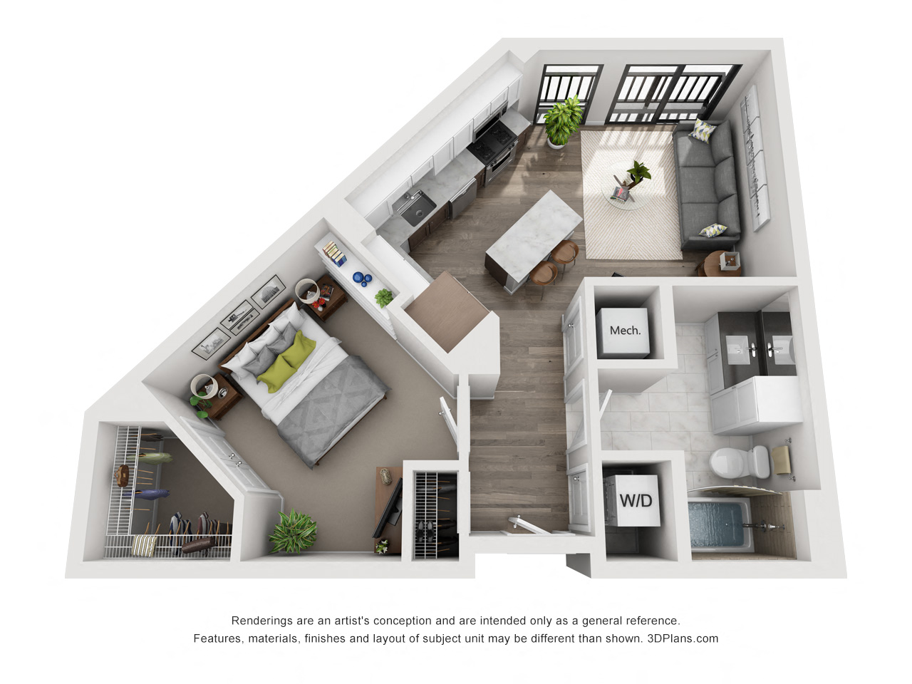 Floor plan for 1 bed, 1 bath, 620 sqft